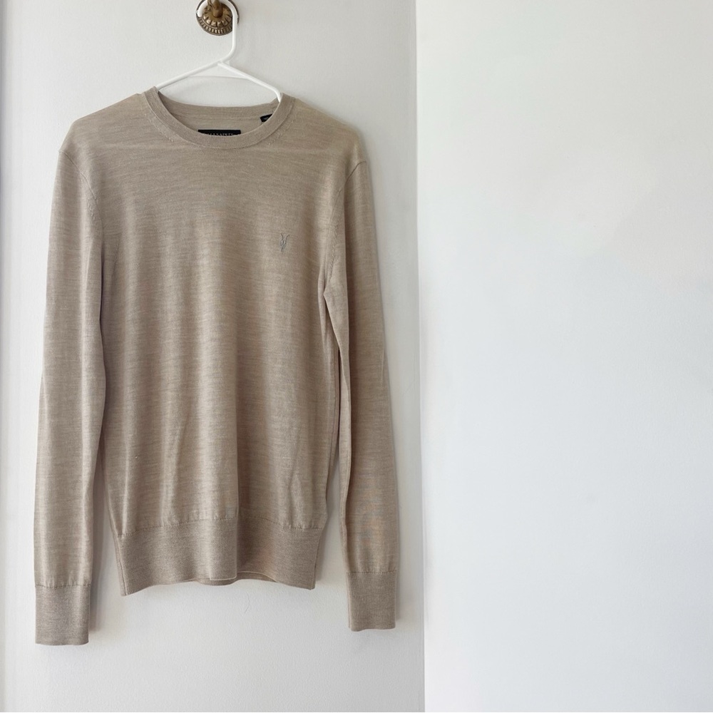 All Saints Mode 100% Merino Crew Neck Ramskull Sweater | Boston Taupe • Size XS